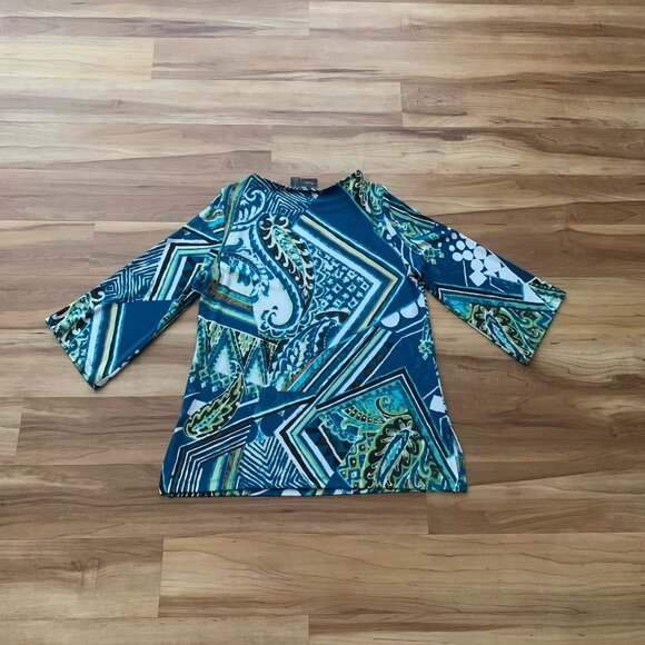 Chico’s Women’s 1 Blue Abstract Print Knit Tunic Top 3/4 Sleeve Size USA 8 - Picture 6 of 10